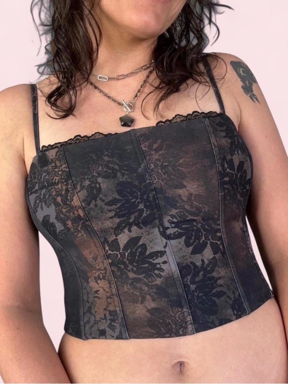 Floral Lace Trim Bustier Corset Top - Black